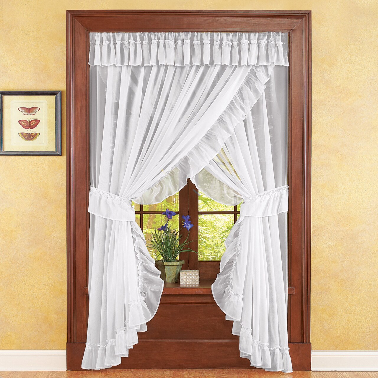 Collections Etc Isabella Ruffled Sheer Fabric Rod Pocket Window Curtain Set